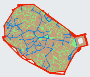  Figure 2: A typical medieval city street network within a perimeter wall, now a peripheral arterial. Visitors get easily lost in the maze, but not its residents.